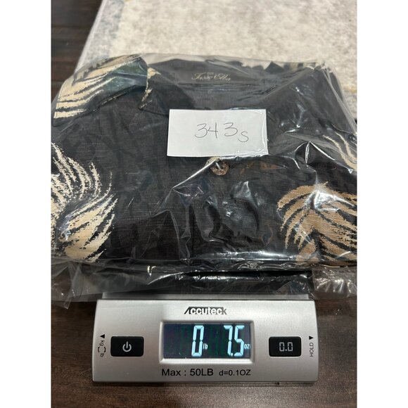 Tasso Elba Silk Button Front Hawaiian Shirt Black Beige Sz Large Feather Print - Picture 10 of 10